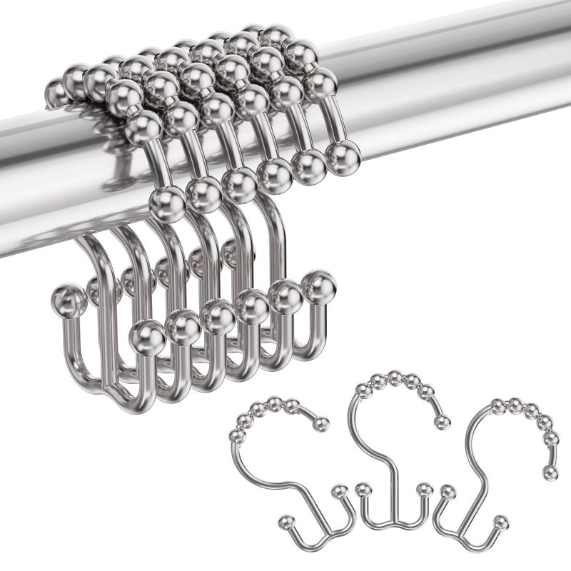 Amazer Shower Curtain Hooks, Plastic Double Shower Curtain Rings, Shower Hooks for Bathroom Shower Curtain Rod - Set of 12, Nickel - Image 1
